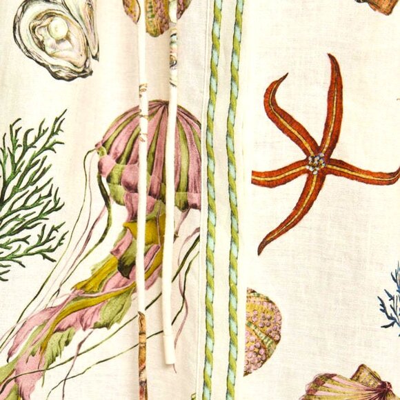 BOHEMIAN L SEALIFE PRINT FAIRY DRESS. PUFF SLEEVE MIDWAIST STANDING COLLAR MIDI - Picture 2 of 9